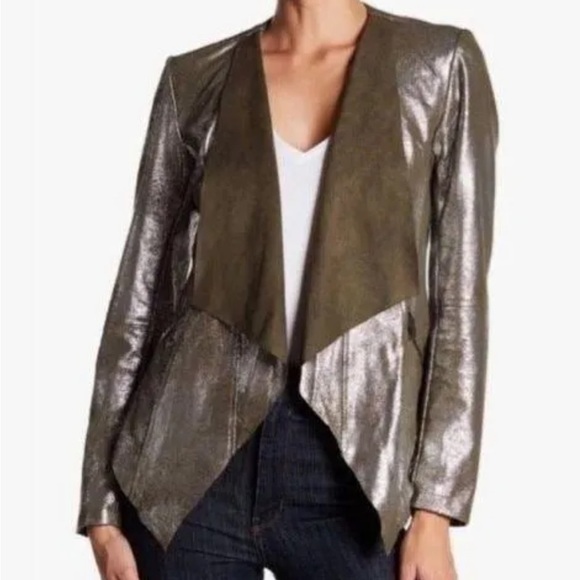 Vigoss Olive NWT Green crackled Suede Metallic Open Front MOTO Jacket Small S - Picture 8 of 8